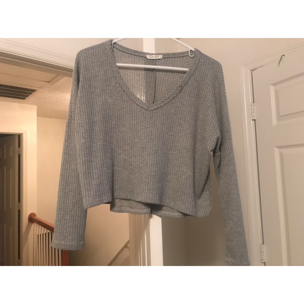 Gray Waffle Knit Long Sleeve Crop Top